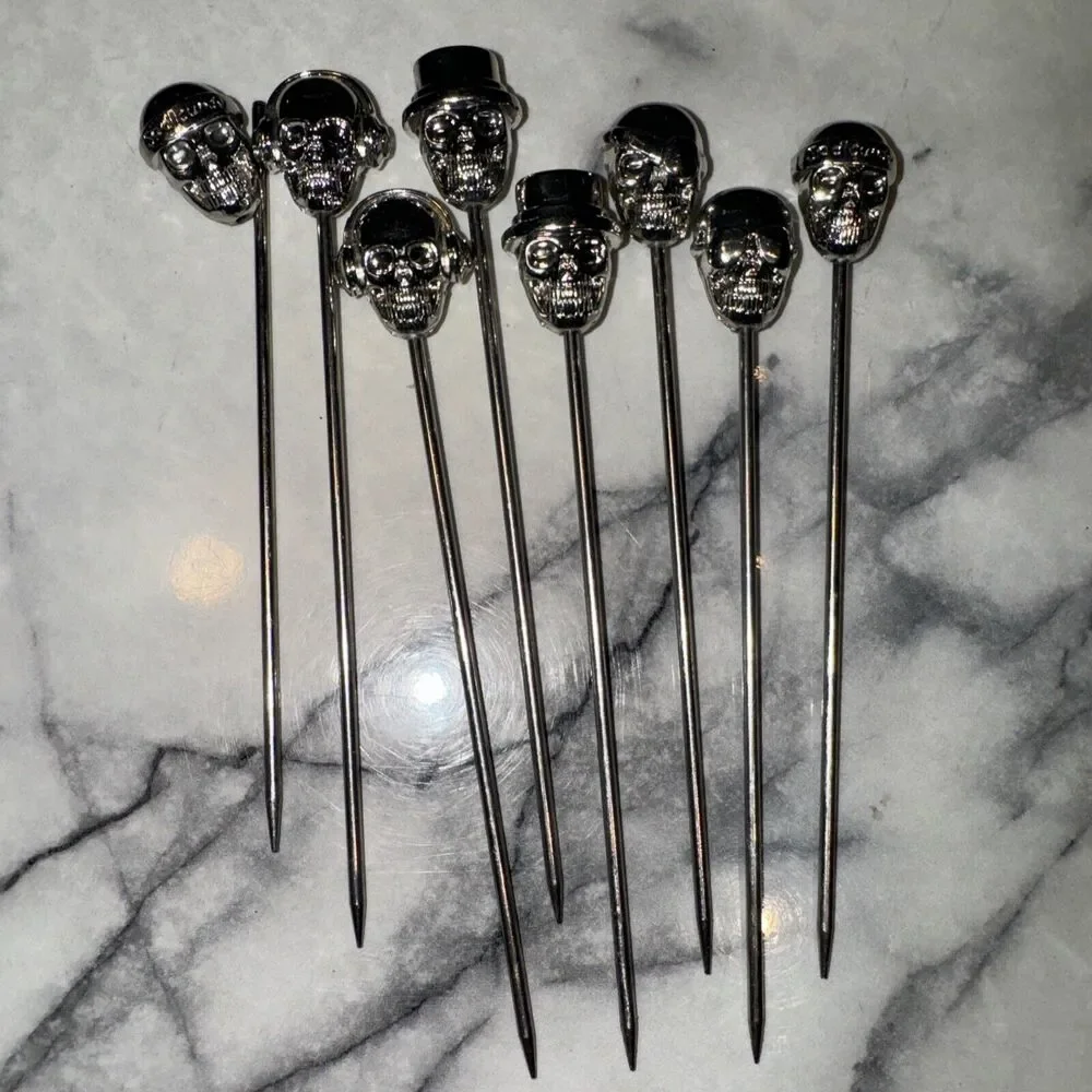 8 Silver Metal Halloween Skull Cocktail Appetizer Food Sticks‎ Toothpicks Party